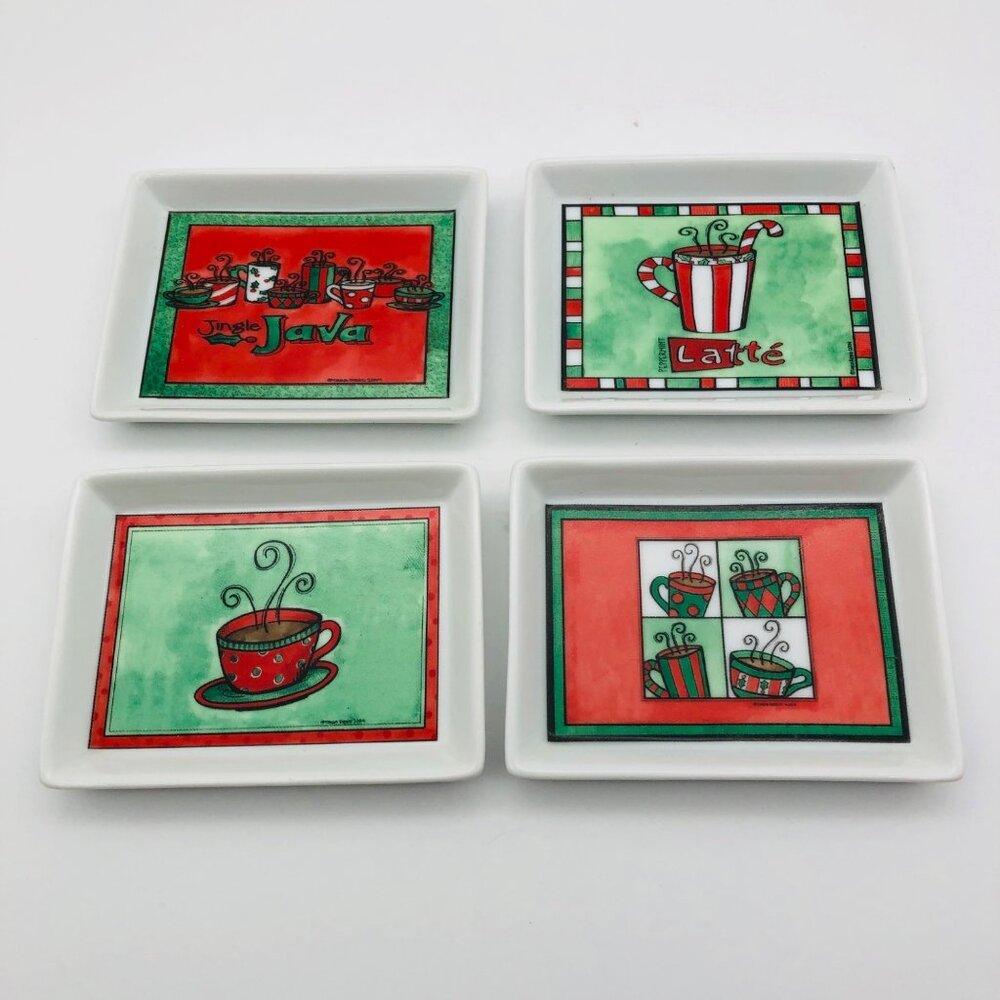 Set Of 4 Boston Warehouse Tara Reed Christmas Coffee Tidbit Nut Ceramic Plates
